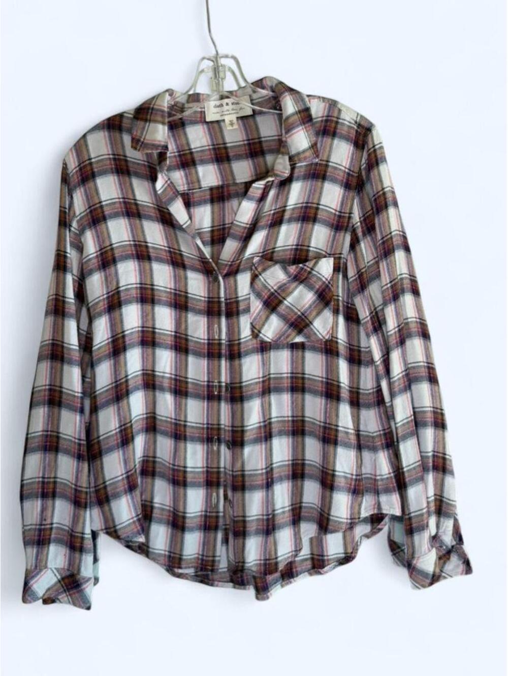 Anthropologie Cloth and Stone white pink and brown plaid button up blouse